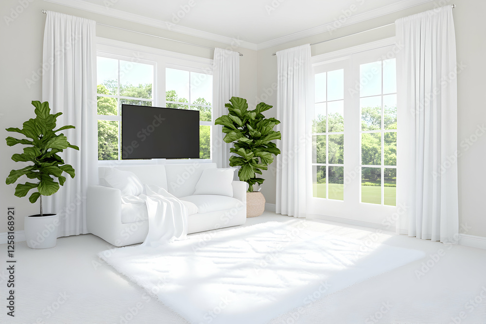 Fototapeta premium Modern Minimalist Living Room with White Sofa and Lush Greenery, features floor-to-ceiling windows, providing abundant natural light, enhancing the room's airy ambiance.