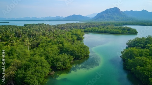 Lush riverine landscape, vibrant greenery surrounding tranquil waters, ideal for nature exploration or eco-tourism promotion.
