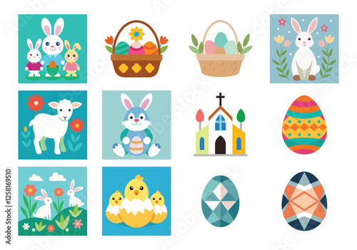 Set of Easter design elements. Easter Sunday Eggs, chicken, butterfly, rabbit, tulips bundle
