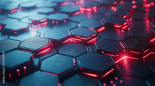 Futuristic Hexagonal Grid with Neon Red Glow – High-Tech Sci-Fi Digital Art Background.