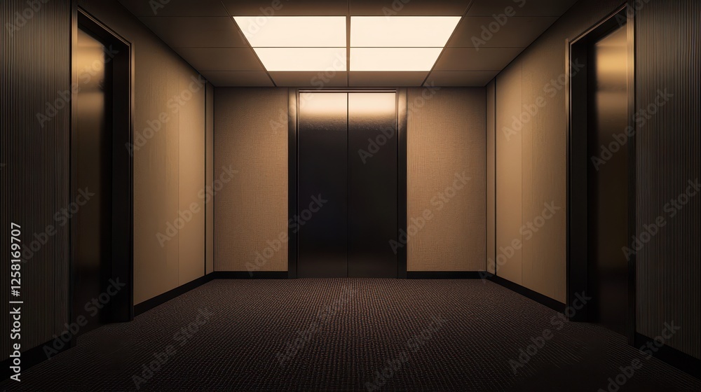 An Unsettlingly Quiet Office Building Elevator Reflecting Stillness and Mystery in a Dimly Lit Environment An Unsettlingly Quiet Office Building Elevator Reflecting Stillness and Mystery in a Dimly Lit Environment