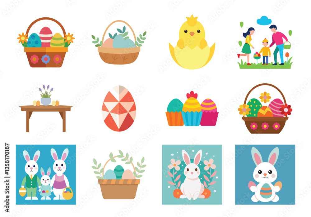 Set of Easter design elements. Easter Sunday Eggs, chicken, butterfly, rabbit, tulips bundle Set of Easter design elements. Easter Sunday Eggs, chicken, butterfly, rabbit, tulips bundle