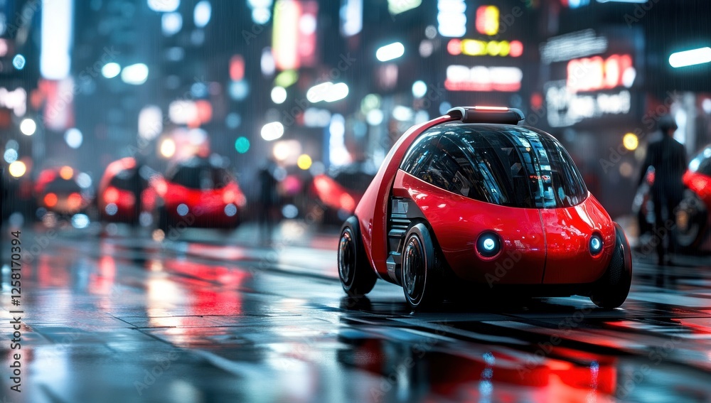 Futuristic Red Autonomous Vehicle Navigating a Vibrant City at Night Futuristic Red Autonomous Vehicle Navigating a Vibrant City at Night