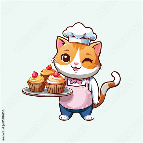 bakery cat holding a tray of freshly baked cupcakes