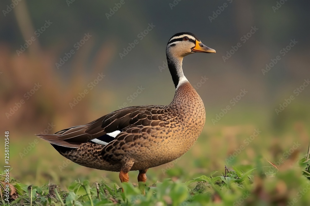 Obraz premium Indian spot billed duck standing on green grass in blurred background