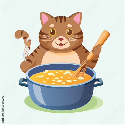 Chubby cat stirring a big pot of soup with steam rising