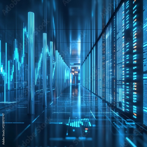 Futuristic Digital Corridor Illuminated with Data Streams and Charts