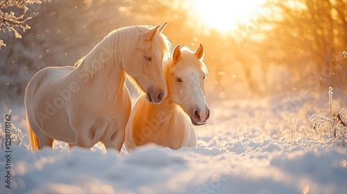 Palomino horses nuzzling tenderly in a snow-covered landscape, glowing under soft sunset light, capturing a tender and intimate moment between two beautiful animals.