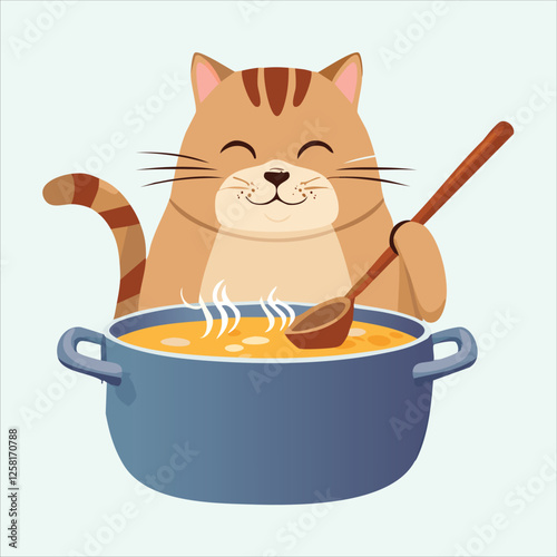 Chubby cat stirring a big pot of soup with steam rising