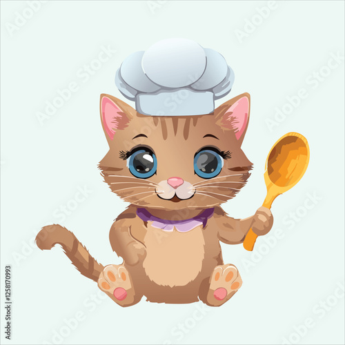 Cute chef cat wearing a puffy hat and holding a wooden spoon