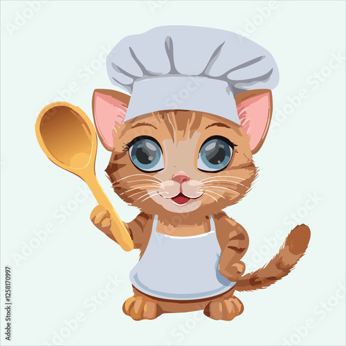 Cute chef cat wearing a puffy hat and holding a wooden spoon