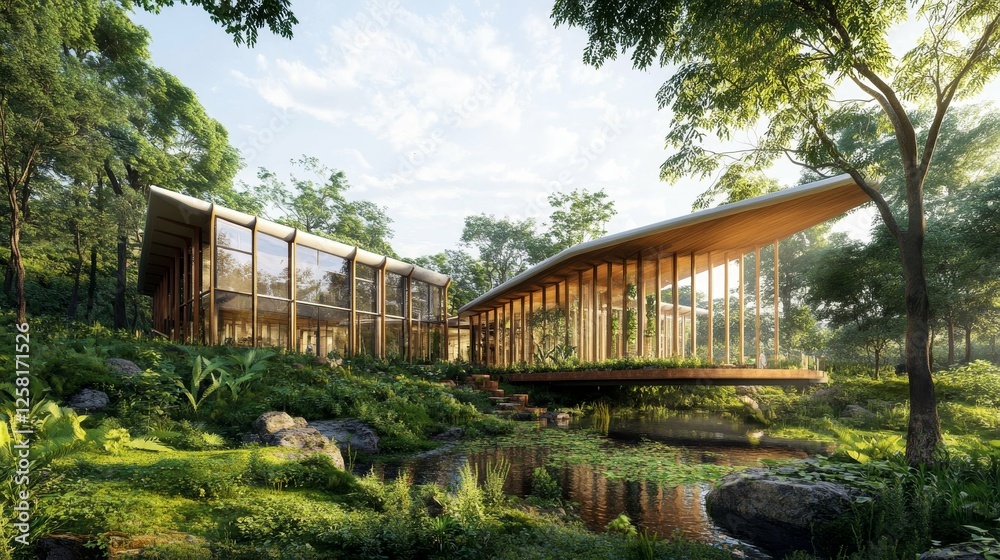 Modern Eco-Friendly Building Surrounded by Lush Forest and Nature Conservation Initiatives Modern Eco-Friendly Building Surrounded by Lush Forest and Nature Conservation Initiatives