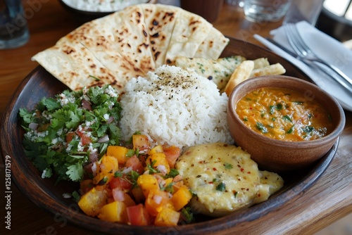 Delicious indian thali meal displaying culinary diversity on wooden table photo