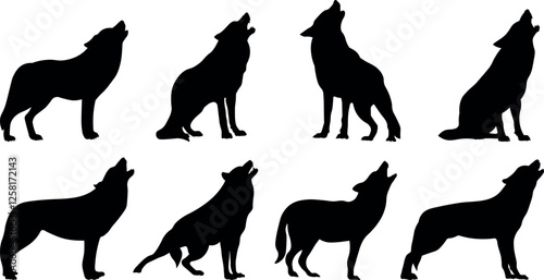Silhouettes of wolves, coyotes and howling dogs. Isolated objects, vector illustration