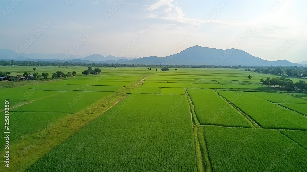 Obraz premium Lush green rice field landscape, expansive farmland under clear skies, perfect for agriculture themes and nature showcases.