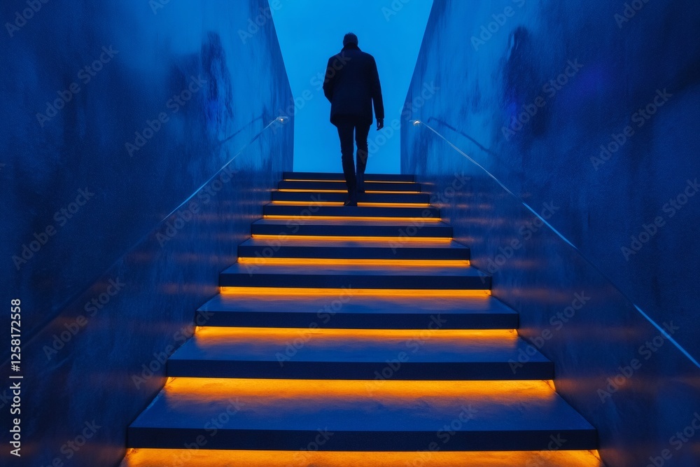 Businessman ascending illuminated staircase in modern building Businessman ascending illuminated staircase in modern building