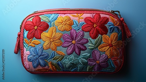 Colorful embroidered wallet with floral patterns on a blue background, showcasing craftsmanship photo