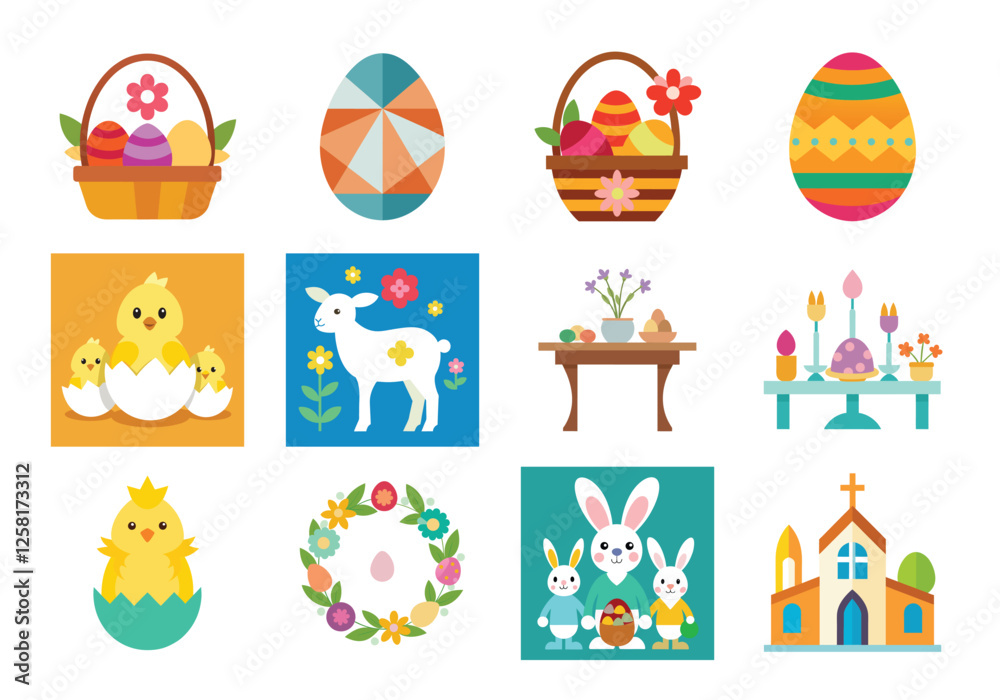 Obraz premium Set of Easter design elements. Easter Sunday Eggs, chicken, butterfly, rabbit, tulips bundle