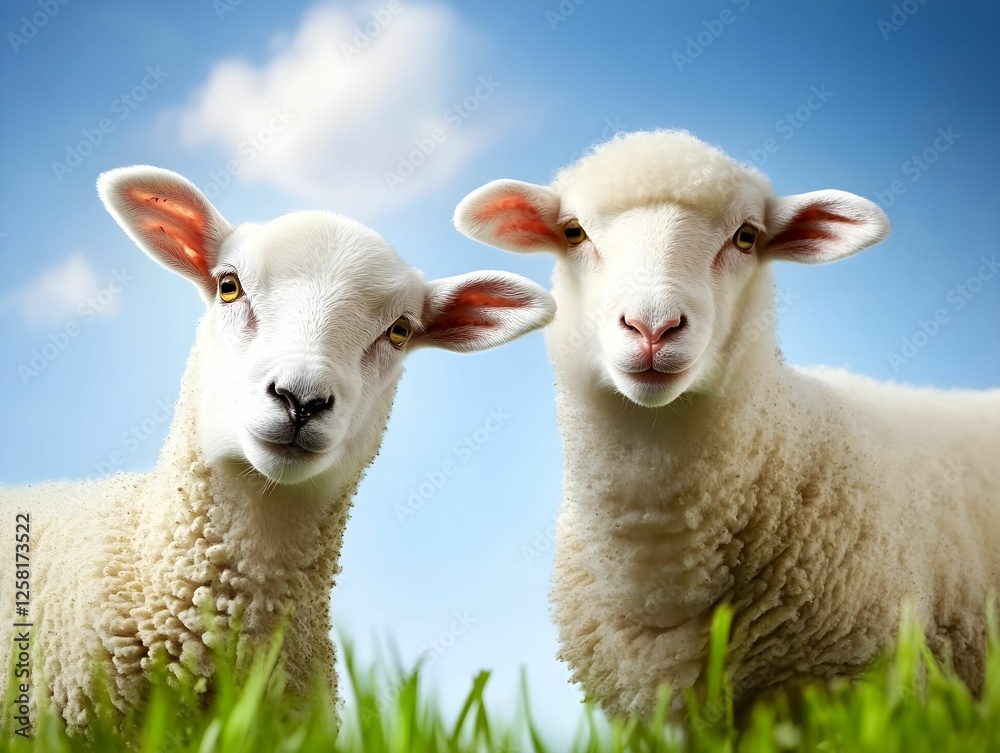 Sunny spring day, goats graze in the meadow in the village and eat green grass. Village life, picture painted with watercolors Sunny spring day, goats graze in the meadow in the village and eat green grass. Village life, picture painted with watercolors