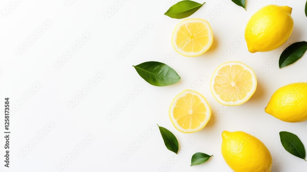 Fresh Lemons Halves Leaves White Background Minimalist Style Fresh Lemons Halves Leaves White Background Minimalist Style