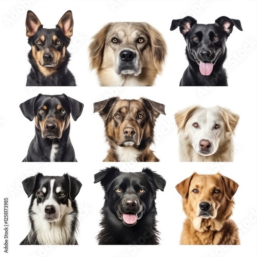 Diverse dog breeds lined up, showcasing individual characteristics and personalities against pristine white backdrop, representing canine variety and charm
