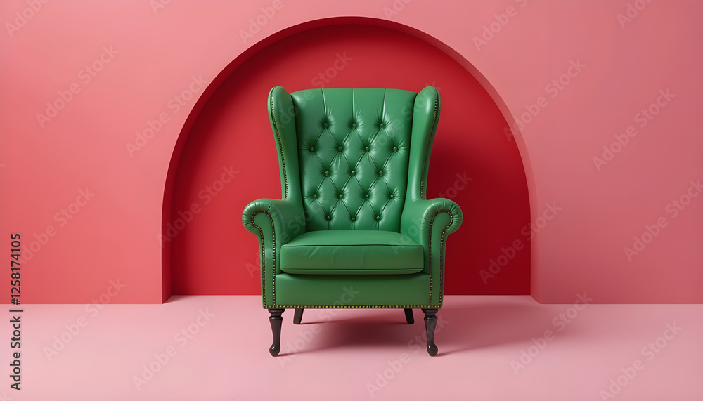 Luxurious emerald green wingback chair in a stylish pink room Luxurious emerald green wingback chair in a stylish pink room