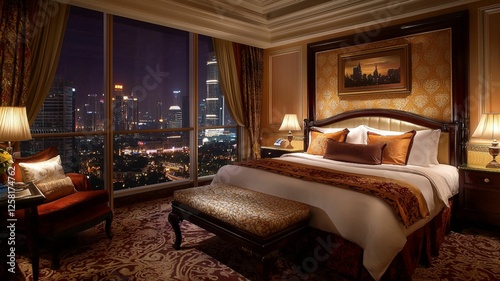 Luxurious hotel room with stunning city skyline view at night, featuring elegant decor, a plush bed, and ambient lighting creating a cozy atmosphere for travelers.