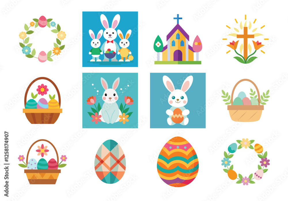 Obraz premium Set of Easter design elements. Easter Sunday Eggs, chicken, butterfly, rabbit, tulips bundle