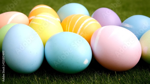 Pastel Easter Eggs on Green Grassy Surface for Holiday Season Celebration and Decoration Project