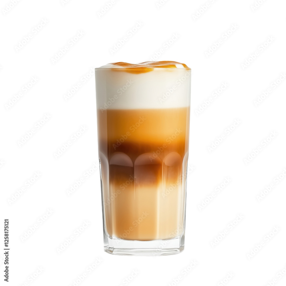 Tall glass of layered latte macchiato with frothy milk and espresso, isolated on a transparent background. Tall glass of layered latte macchiato with frothy milk and espresso, isolated on a transparent background.