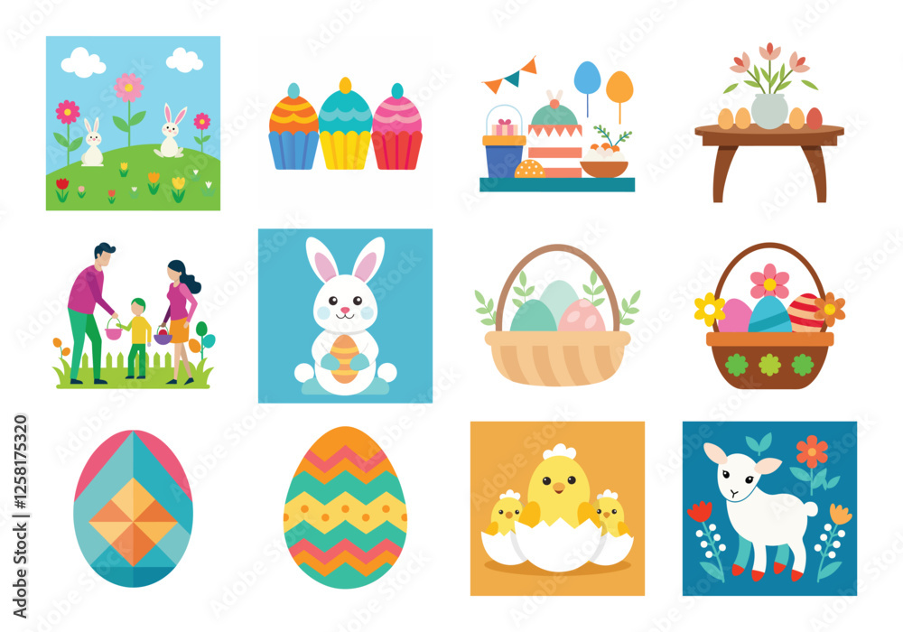 Obraz premium Set of Easter design elements. Easter Sunday Eggs, chicken, butterfly, rabbit, tulips bundle