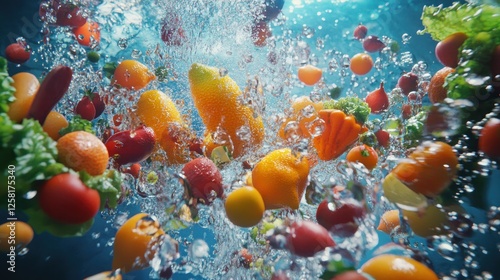 Vibrant Fruits and Vegetables Underwater Splash
