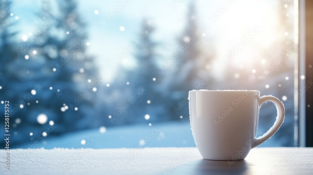 Obraz premium Winter's Warm Embrace: Coffee by the Snowy Window - Cozy winter scene, warm coffee, snowy landscape, sunlight, peaceful relaxation. Symbolising comfort, warmth, serenity, tranquility, and winter joy