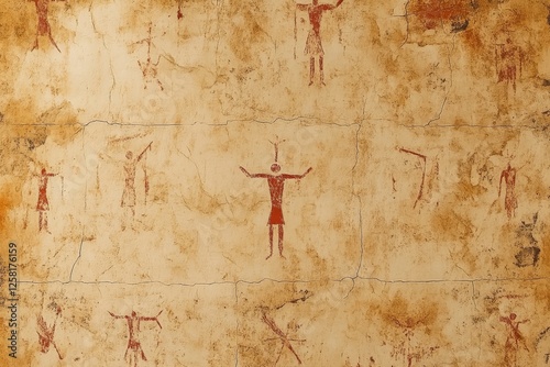 Ancient rock art depicting human figures and symbols in a historical location with vibrant colors and intricate designs photo