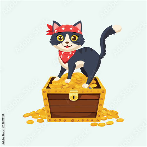 Cat wearing a bandana, standing on a treasure chest full of gold