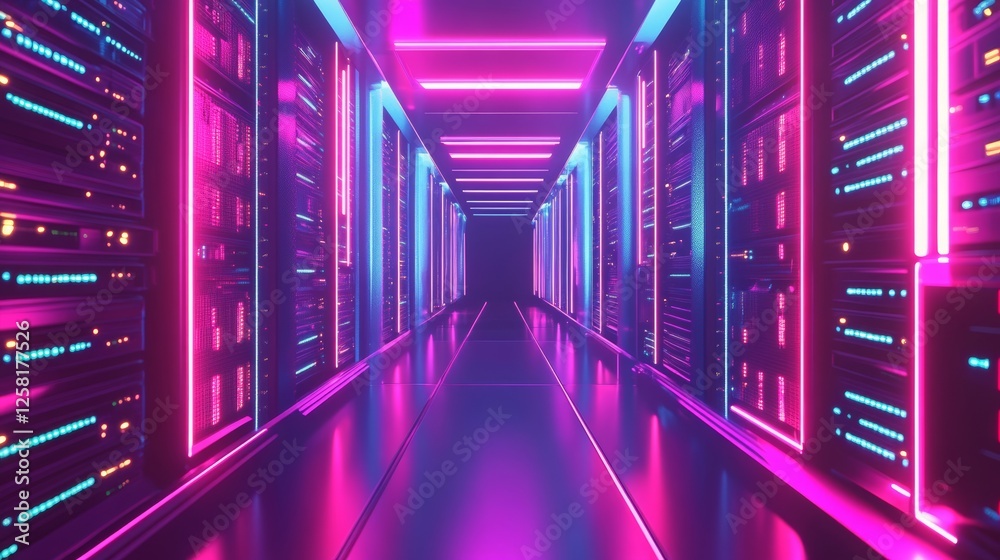 Fototapeta premium Digital data warehouse with glowing server farms for cloud computing and information exchange 
