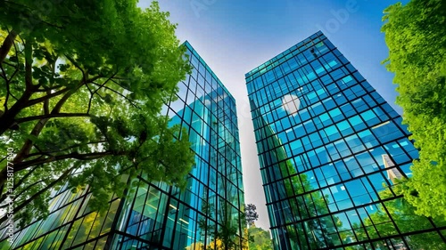 Modern glass buildings reflecting nature in an urban setting with beautiful greenery.