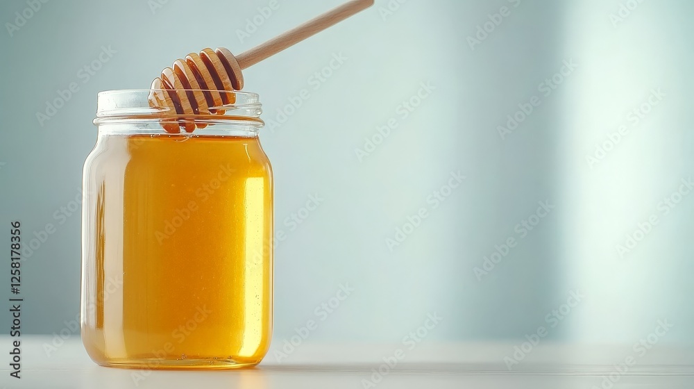 Delicious golden honey dripping from a wooden dipper in a jar of sweetness Delicious golden honey dripping from a wooden dipper in a jar of sweetness