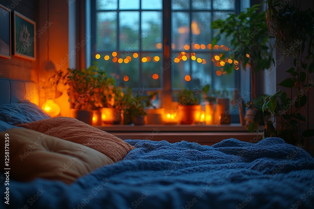 Obraz premium Cozy bedroom, evening window lights, plants, calm