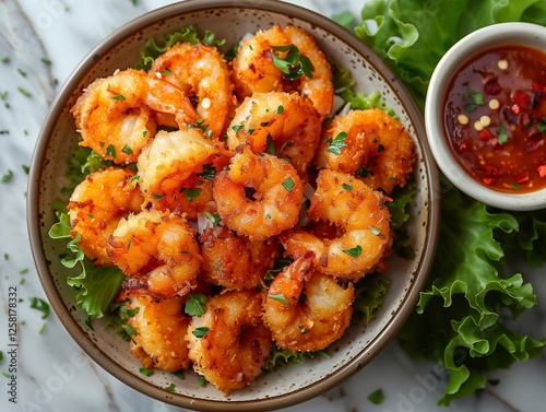 Golden crispy coconut shrimp platter with a side of orange sauce, on the cafe table, Constructed Framing