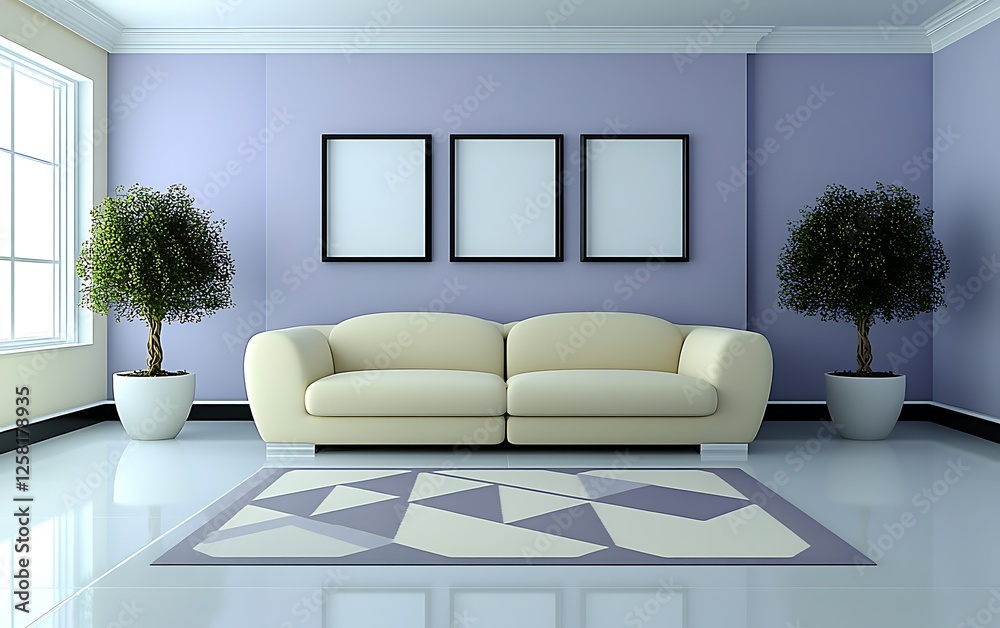 Fototapeta premium Lavender-walled living room with beige sofa, rug, plants. Interior design inspiration