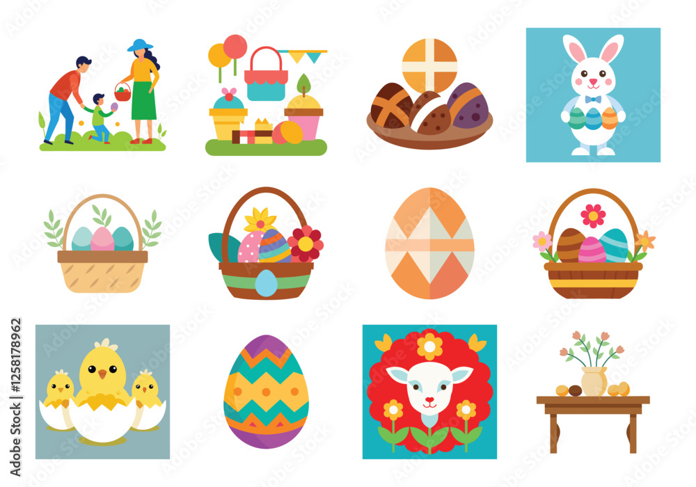 Fototapeta premium Set of Easter design elements. Easter Sunday Eggs, chicken, butterfly, rabbit, tulips bundle