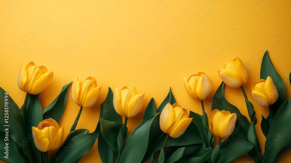Yellow Tulips on Yellow Background, top view, copy space. Beautiful Floral Background for Birthday, Women's day, 8 march, Mother's day, Romantic Holiday, for Greeting Card Design Yellow Tulips on Yellow Background, top view, copy space. Beautiful Floral Background for Birthday, Women's day, 8 march, Mother's day, Romantic Holiday, for Greeting Card Design