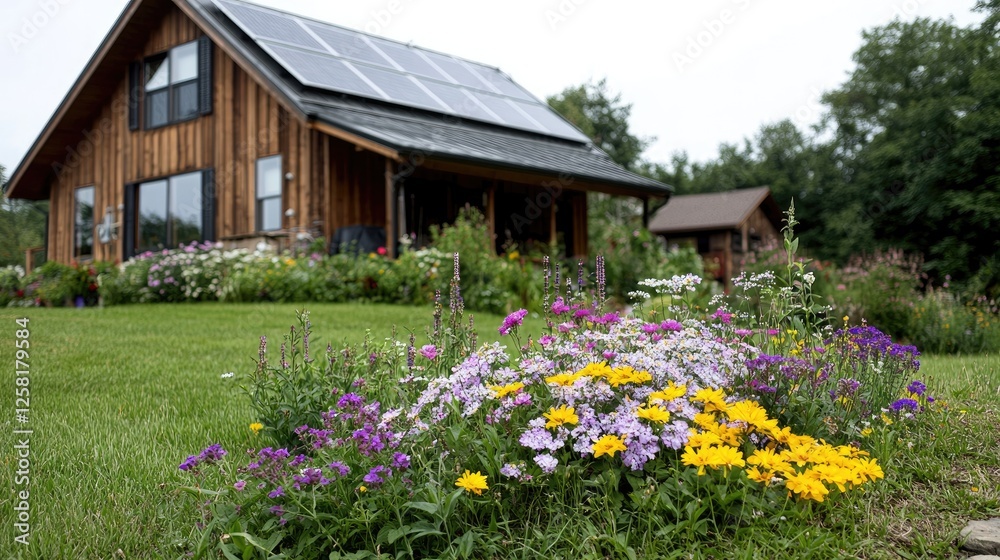 Eco-friendly home surrounded by flowers Eco-friendly home surrounded by flowers