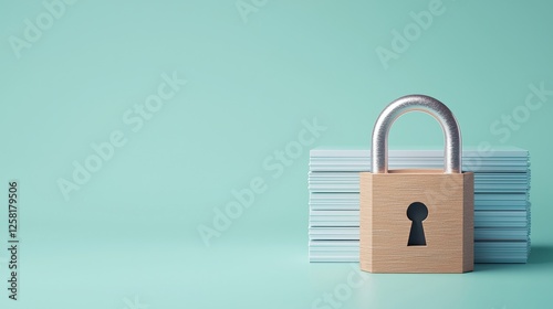 Wooden Padlock on Stack of Paper Sheets Against Mint Background