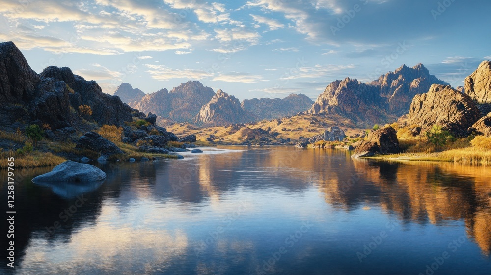Fototapeta premium Serene mountain lake sunset reflection landscape