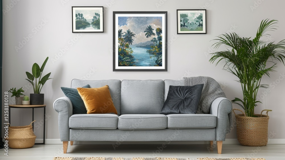 Fototapeta premium Contemporary living room featuring advanced smart home technology and a chic gray sofa design