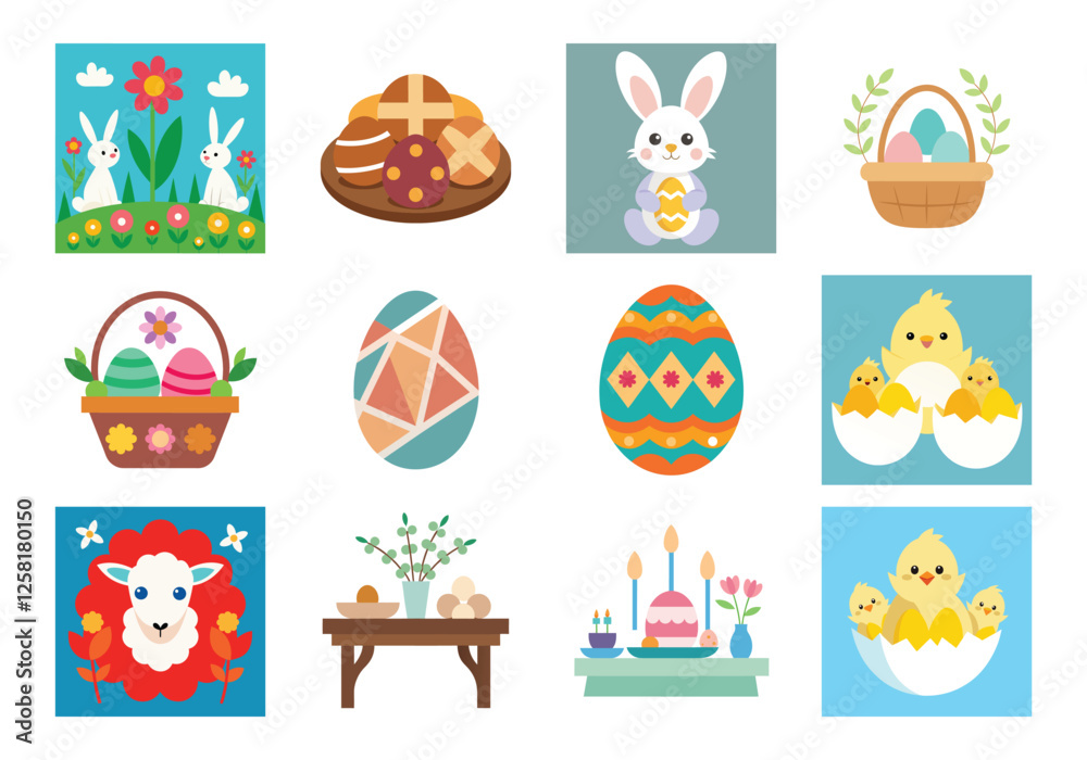 Fototapeta premium Set of Easter design elements. Easter Sunday Eggs, chicken, butterfly, rabbit, tulips bundle