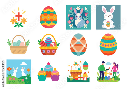 Set of Easter design elements. Easter Sunday Eggs, chicken, butterfly, rabbit, tulips bundle
