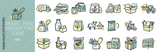 Hand-drawn organic food subscription icons in pastel colors